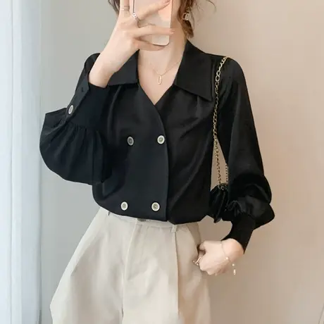 韩版雪纺衬衫女2024春季新款设计感小众衬衣v领排扣洋气上衣ins潮商品大图