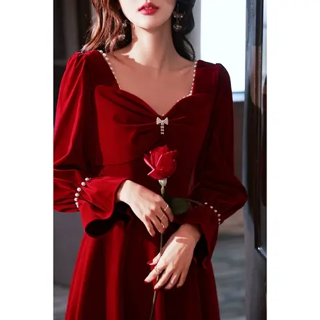 敬酒服新娘2023新款冬季结婚订婚回门酒红色晚礼服轻奢高级感长袖商品大图