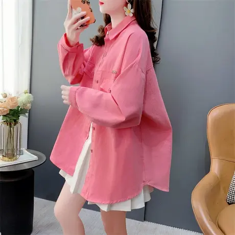 糖果色复古港味牛仔衬衫外套女春季2024新款宽松洋气网红百搭上衣图片