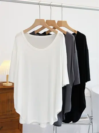 大圆领中长款莫代尔T恤女夏季宽松圆弧下摆气质显瘦遮屁股上衣潮商品大图