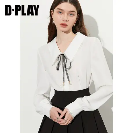 DPLAY 春新甜美学院风翻领蕾丝花边时尚白女士衬衫上衣商品大图