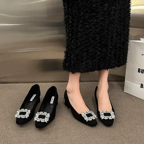 法式粗跟玛丽珍鞋女2024年春秋季新款复古百搭绒面浅口黑色单鞋潮商品大图