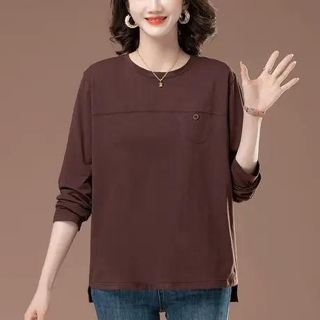 加肥加大码长袖t恤女春秋新款宽松中老年妈妈全棉纯色显瘦打底衫图片