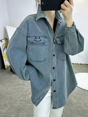 欧货休闲复古蓝色牛仔衬衫女长袖上衣春秋季韩版宽松叠穿衬衣外套商品大图