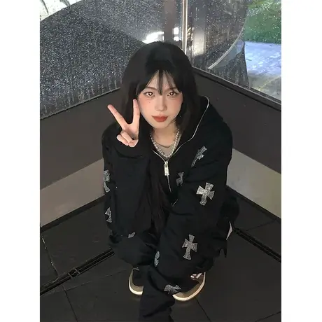 重工烫钻连帽拉链卫衣女2024春秋季薄款潮牌美式复古宽松开衫外套商品大图