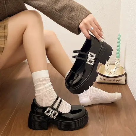 黑色厚底英伦风小皮鞋女2024春新款百搭配裙子法式单鞋玛丽珍女鞋图片