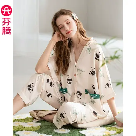 芬腾女士冰雪丝睡衣夏季薄款中短袖凉感仿真丝卡通熊猫家居服套装商品大图