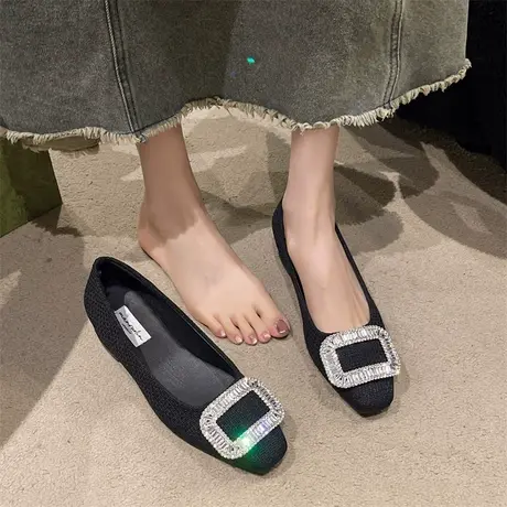 绒面浅口单鞋女2024春秋季新款复古百搭水钻瓢鞋平底通勤玛丽珍鞋商品大图