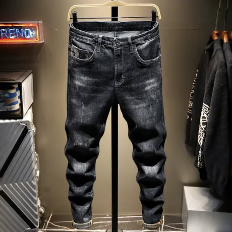 夏季日系复古做旧牛仔裤男修身直筒韩版潮流男士休闲长裤子男百搭商品大图