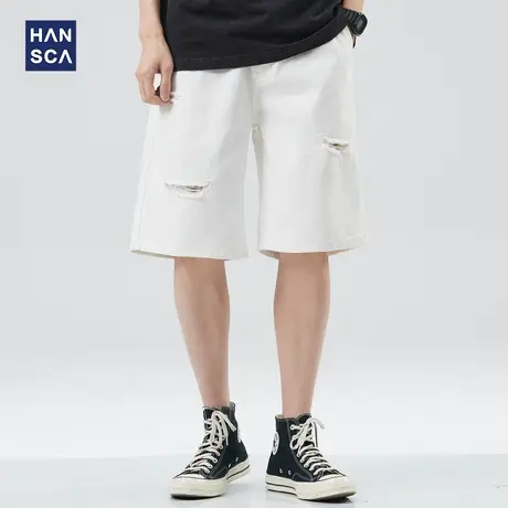 hansca白色破洞休闲短裤男夏季直筒宽松大码潮流运动外穿五分裤子图片