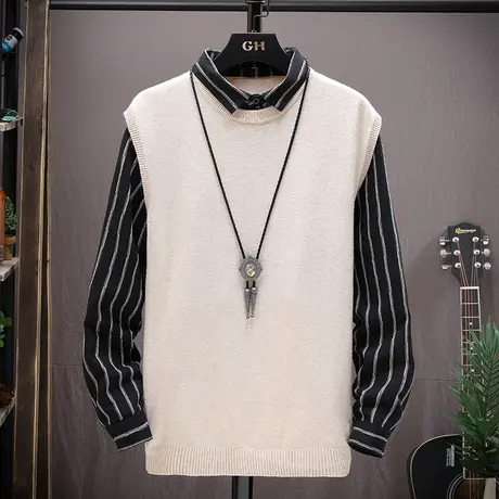 毛衣男春秋装假两件针织线简约上衣衬衫领线衫秋季内搭男装潮秋衣商品大图