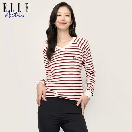 ELLE Active2023秋冬新款法式V领长袖T恤上衣女 修身条纹打底衫图片