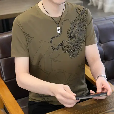 2024夏季新款男士冰丝短袖T恤衫烫钻半袖体恤衫个性潮流打底小衫图片