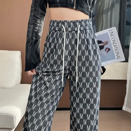 阔腿裤女高腰垂感花纹2024新款春夏百搭显瘦宽松直筒裤休闲拖地裤商品大图