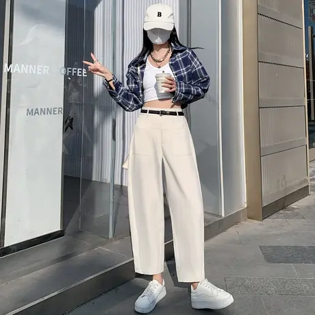 阔腿裤女2024新款春夏高腰阔腿裤显瘦休闲遮胯小个子设计感哈伦裤商品大图