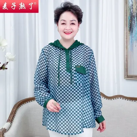 妈妈夏装连帽印花卫衣2022新款阔太太拼接休闲上衣服中老年人女装商品大图