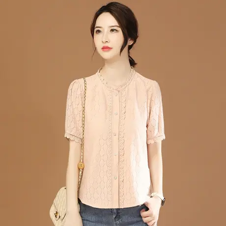 韩潮袭人圆领蕾丝拼接短袖雪纺衫2023夏新款女士衬衫上衣设计感薄图片