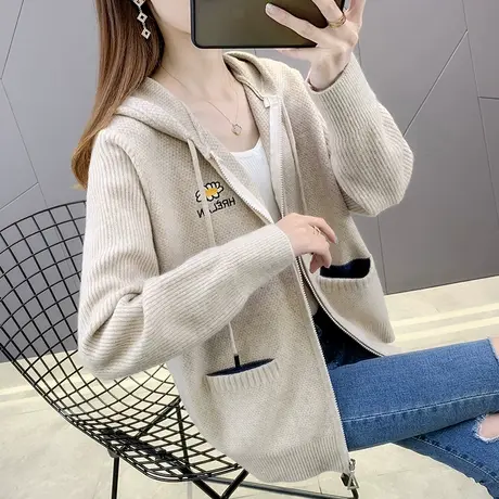 开衫毛衣外套女爆款洋气显瘦春秋季针织毛衣外套连帽2023新款女装图片