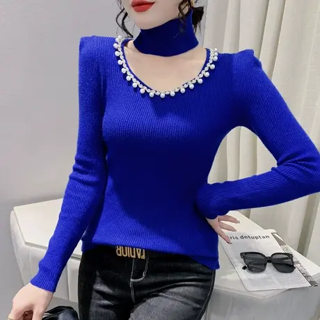 时尚围脖针织衫女秋冬内搭洋气紧身毛衣长袖设计感小众钉珠打底衫图片