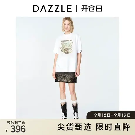 DAZZLE地素奥莱 春夏小众白色卡通刺绣印花宽松圆领短袖T恤女图片