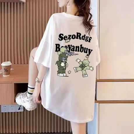 纯棉短袖t恤女2023新款夏季欧货大版半袖宽松中长款遮屁股上衣潮商品大图