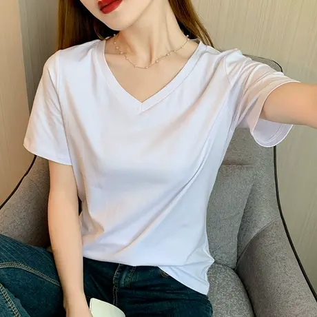 纯棉白色短袖t恤设计感女夏季ins潮v领修身显瘦百搭2023新款体恤商品大图