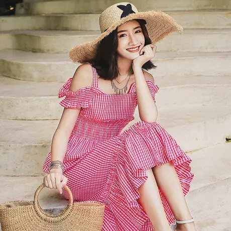 弥古法式连衣裙女夏复古格子吊带裙高腰显瘦海边度假沙滩裙中长裙图片