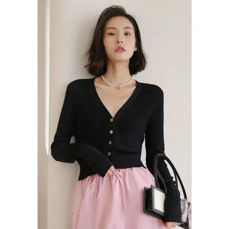 弥古黑色v领针织衫上衣女短款修身长袖冰丝外搭开衫秋外套高级感商品大图