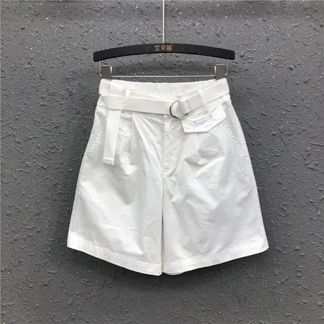 白色四分工装裤短裤女夏新款高腰宽松薄款休闲简约舒适阔腿裤热裤图片