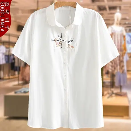 中年妈妈夏装新款衬衫短袖刺绣上衣加肥加大码女宽松白色纯棉衬衣商品大图