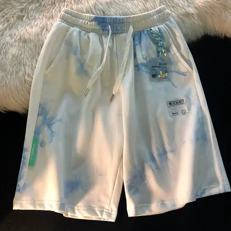 扎染短裤女夏季薄款宽松大码高腰直筒休闲运动阔腿五分中裤潮ins商品大图