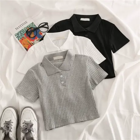 翻领polo衫短袖t恤女夏装高腰露脐短款坑条纹半袖修身上衣服ins潮图片