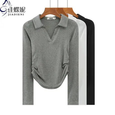 春秋装韩版翻领下摆圆弧褶皱纯欲纯棉长袖上衣内搭女装POLO衫T恤商品大图