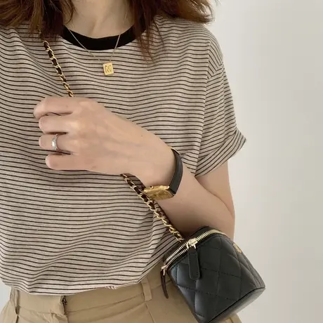 大码短袖女宽松韩版潮oversize条纹t恤港味复古chic上衣ins夏简约商品大图