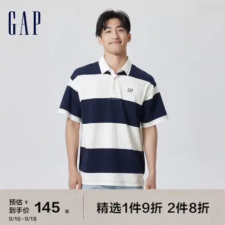 Gap男装夏季2023新款LOGO纯棉条纹短袖POLO衫811287通勤休闲上衣商品大图