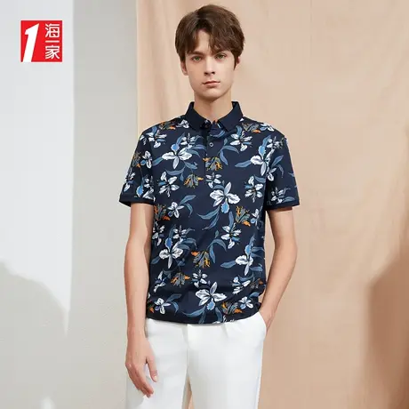 海一家时尚印花短袖新款翻领质感中年男士丝光棉POLO衫商品大图
