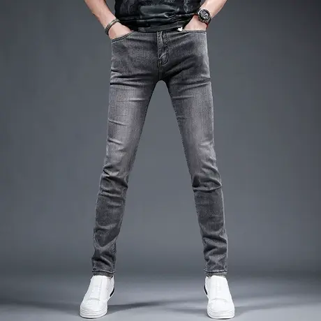 香港高端牛仔裤男款夏季薄款2023新款修身小脚深灰色弹力男士裤子图片