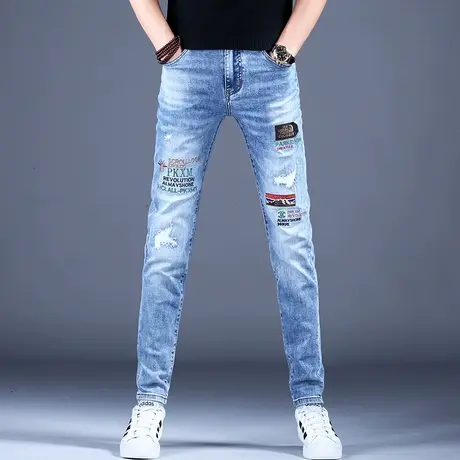 时尚高档刺绣牛仔裤男款修身小脚秋款薄款2023新款秋款破洞裤子男商品大图