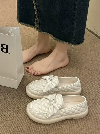 英伦风小皮鞋女2023春秋新款蝴蝶结配裙子单鞋女一脚蹬浅口乐福鞋商品大图