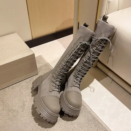 长筒靴女骑士靴2023年新款春秋季小个子厚底马丁高筒弹力针织长靴商品大图