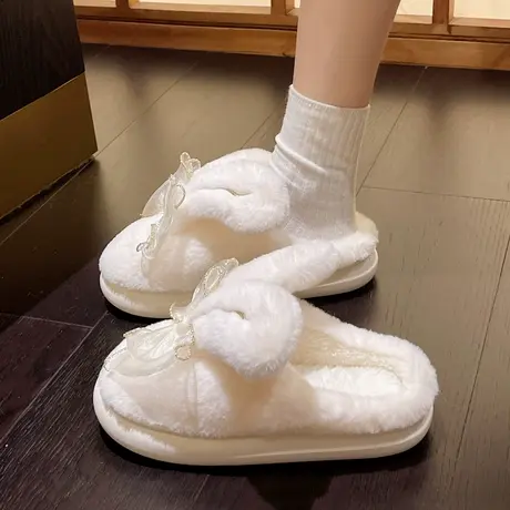 可爱兔耳朵蝴蝶结棉拖鞋女冬季新款室内家居保暖毛绒厚底防滑拖鞋商品大图