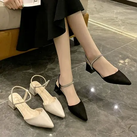包头凉鞋女仙女风2023新款夏时尚韩版一字扣带粗跟尖头高跟鞋女鞋图片