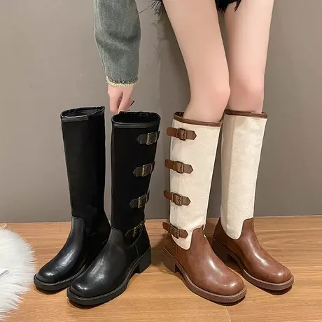 2023秋季新款骑士靴复古英伦风帅气圆头粗跟显腿长瘦瘦靴高筒长靴图片