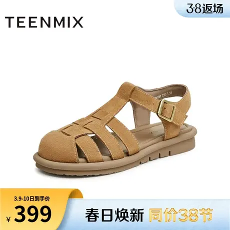 天美意复古包头罗马凉鞋猪笼鞋女平底休闲凉鞋夏新款KL001BL4图片