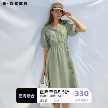 sdeer圣迪奥女装V领收腰泡泡袖新中式连衣裙S232Z12DN图片
