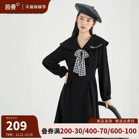 茵曼大翻领连衣裙女2023秋装新款法式设计感气质蝴蝶结小黑裙长裙图片
