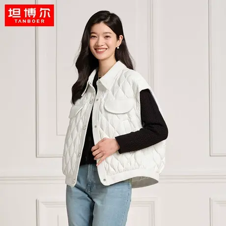 坦博尔2023年新款小香风羽绒服女轻薄短款无袖拼接翻领马甲外套女商品大图