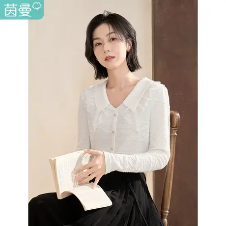 【商场同款】茵曼2023春女装新款法式花边拼接翻领肌理感修身T恤图片