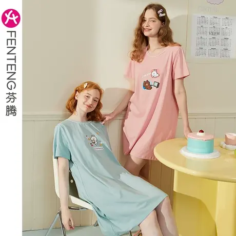 芬腾布朗熊睡裙夏短袖凉感纯棉女士抗菌睡衣裙甜美可爱短裙家居服图片