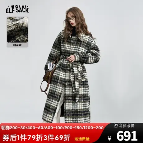 妖精的口袋粗花呢格纹毛呢外套女2023冬季新款复古英伦长款呢大衣图片
